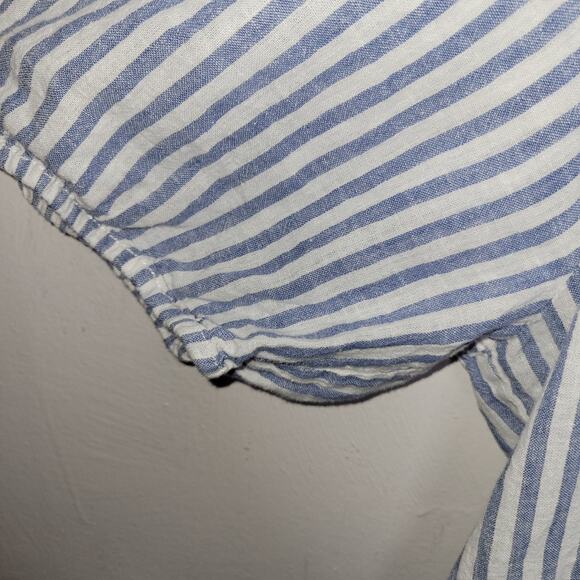 Beach Lunch Lounge Linen Dress Large Tiered Blue White Striped Puff Cottagecore - Picture 4 of 10